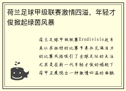 荷兰足球甲级联赛激情四溢,年轻才俊掀起绿茵风暴 荷兰足球甲级联赛激情四溢,年轻才俊掀起绿茵风暴