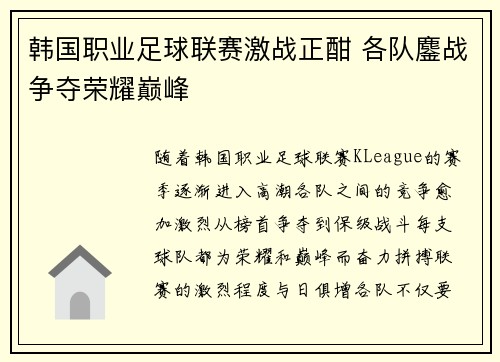 韩国职业足球联赛激战正酣 各队鏖战争夺荣耀巅峰 韩国职业足球联赛激战正酣 各队鏖战争夺荣耀巅峰